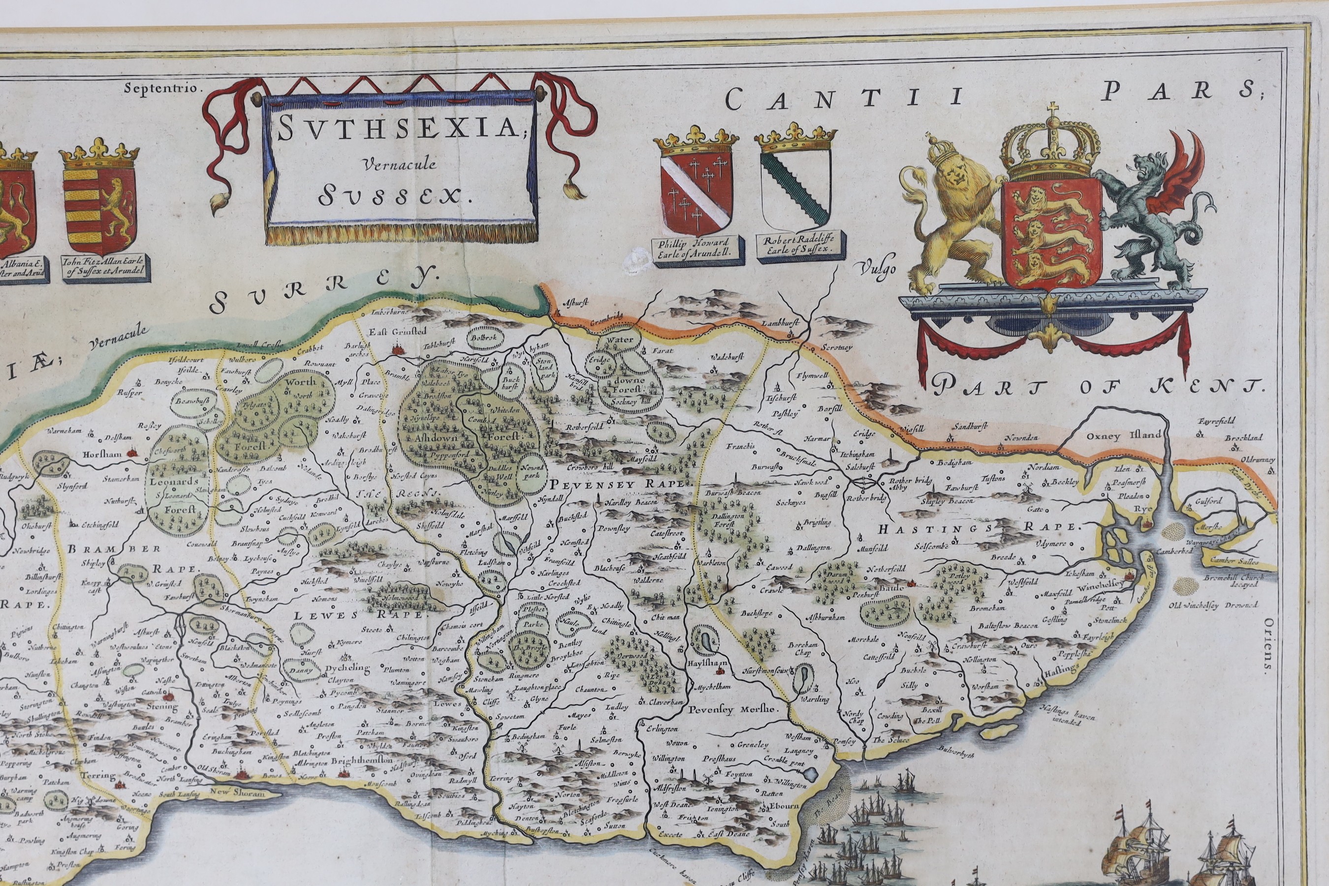 Jan Jansson, coloured engraving, Map of Suthsexia vernacule Sussex, Spanish text verso, 39 x 53cm